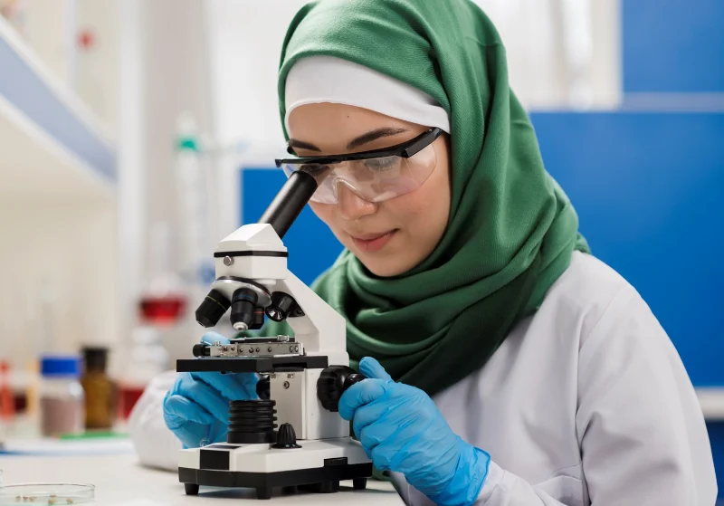 A female scientist looking through a microscope to understand how allergy medications cause taste disturbances like metallic taste