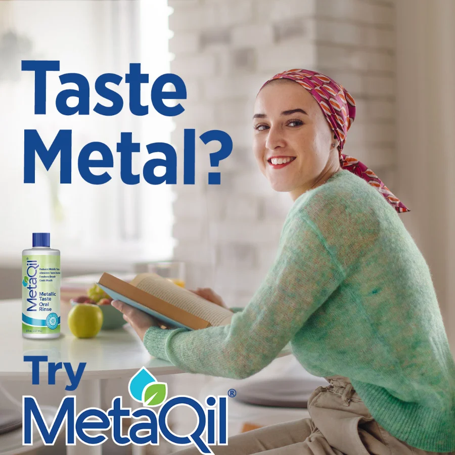 A woman who uses MetaQil to alleviate the metallic taste she experiences as a result of taking Parkinson's disease medication.