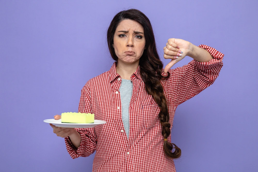  A woman turning down a slice of cheesecake due to a Bad Taste in Mouth.