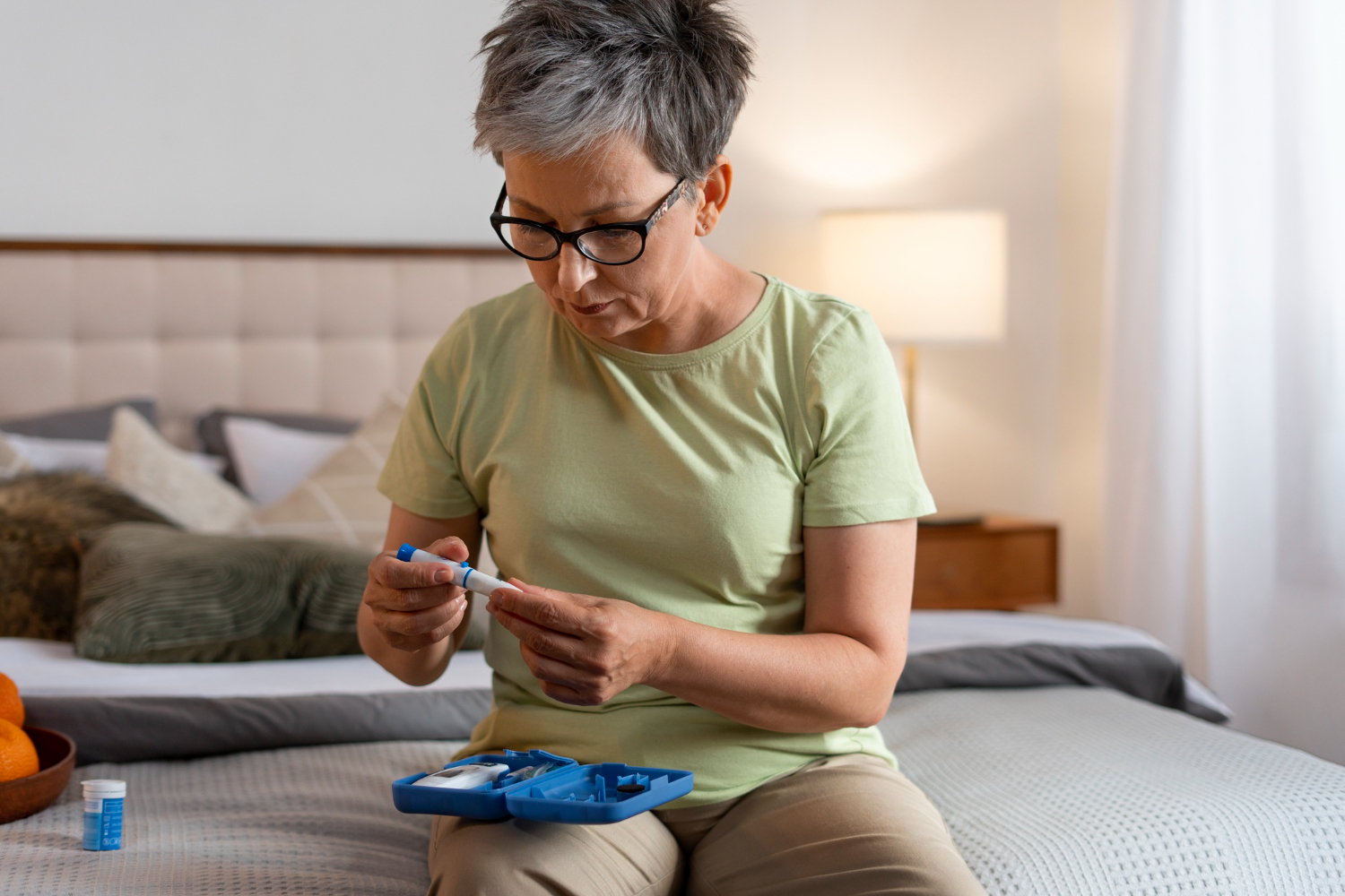 A diabetic woman suffering from dysgeusia adjusting the dosage of her insulin injector. 