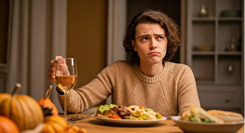 A woman with Altered Taste sitting down for Thanksgiving dinner.