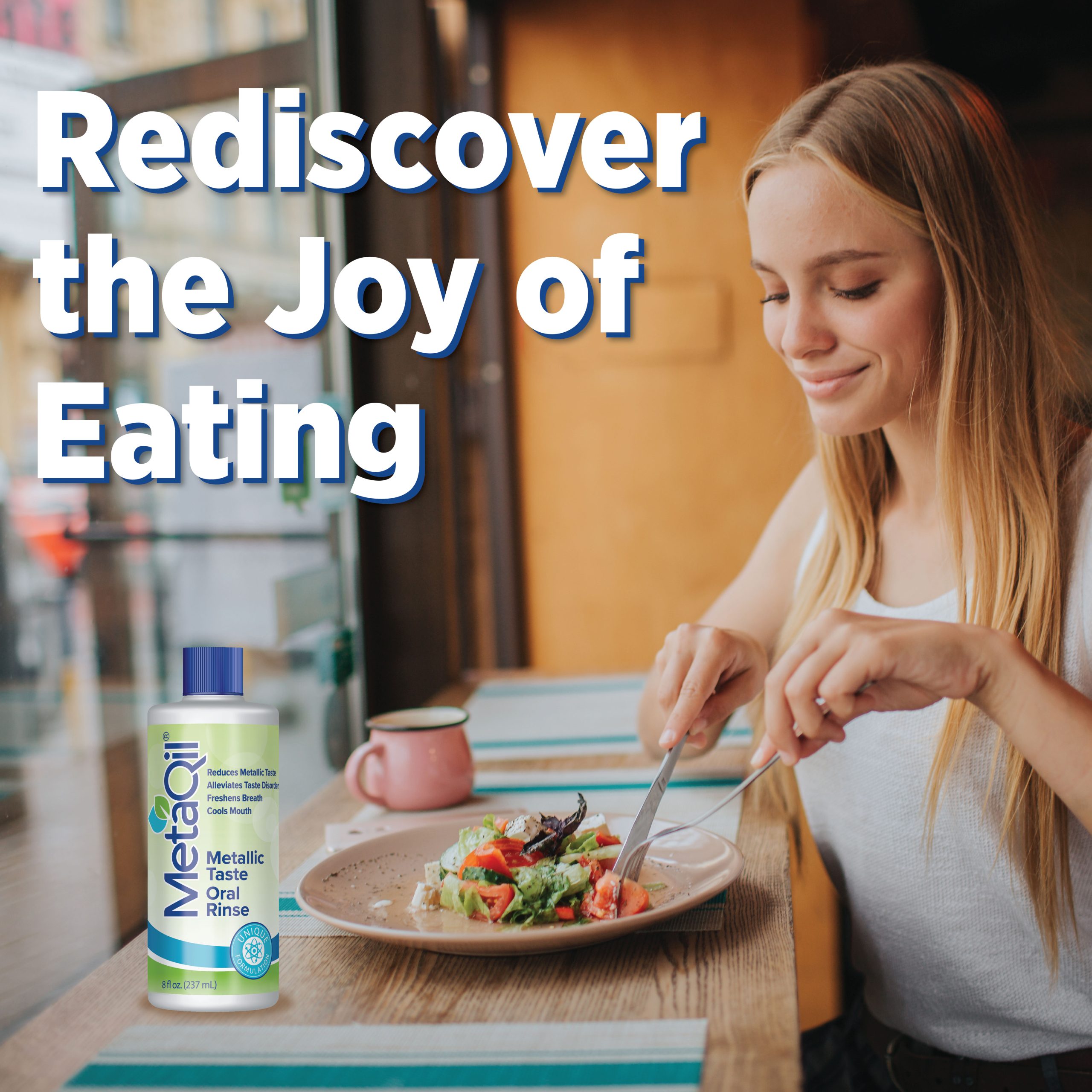 A lady eating a salad after rinsing with MetaQil Metallic Taste Oral Rinse to alleviate her Altered Taste.