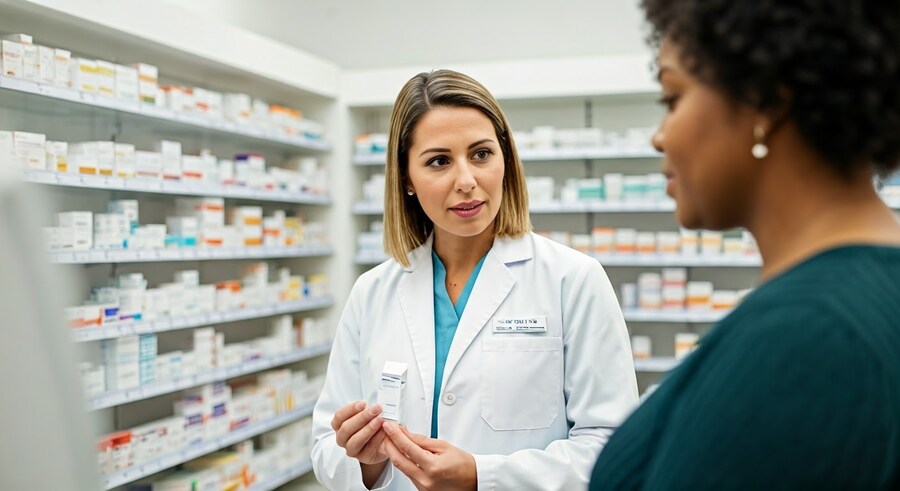 A lady talking to a pharmacist about Xiidra for her dry eye.