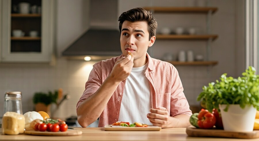 A man experiencing metallic taste symptoms from taking Xiidra.