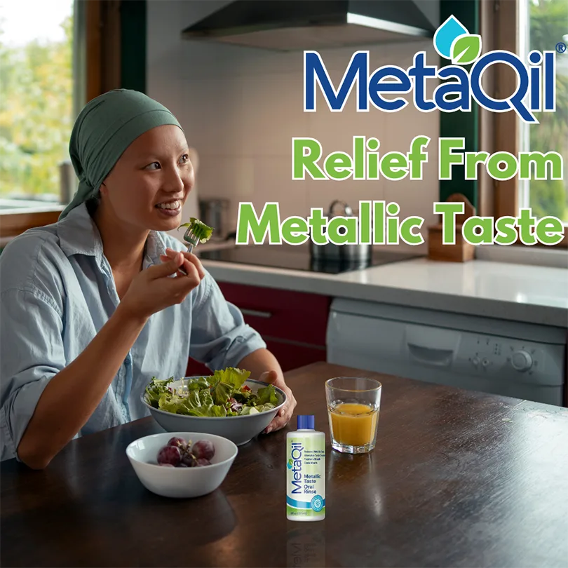 A woman that uses MetaQil for her Imdelltra and Metallic taste eating a salad because MetaQil alleviated her metallic taste symptoms. 