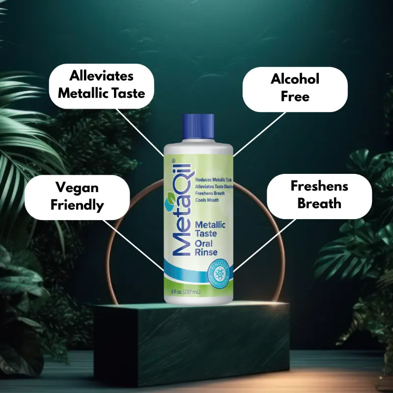 A graphic showing how MetaQil can greatly help those experiencing a bitter taste in mouth. 