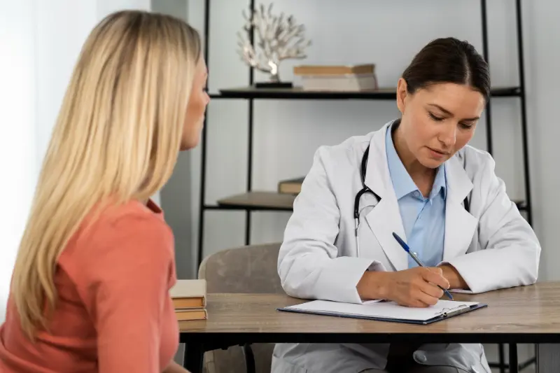 A woman discussing her metallic taste problems with her doctor.