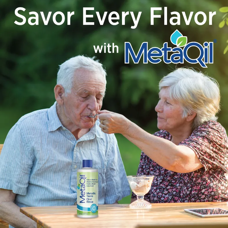 An elderly couple sharing some ice cream because they used MetaQil to alleviate the metallic taste they were experiencing after finding out Why Does Dysgeusia Happen.